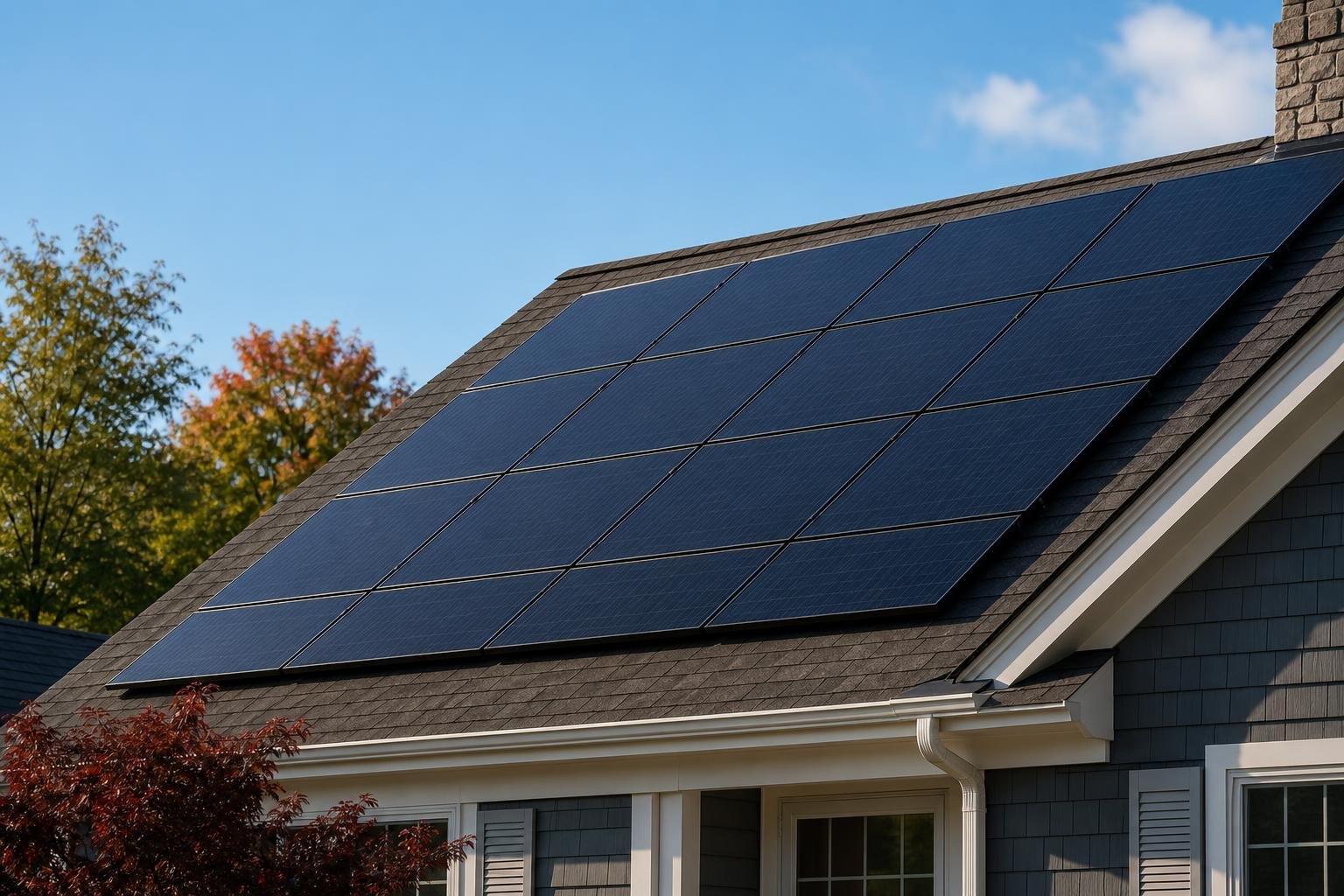 Close-up view of rooftop solar panels on a Worcester-area home in warm daylight