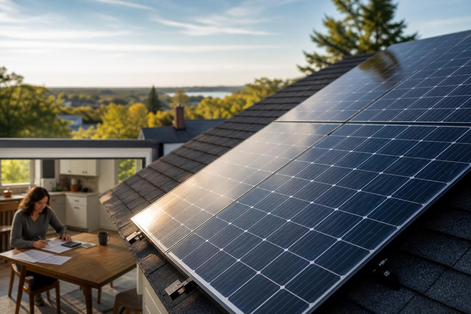 Residential solar panels in sharp focus with a homeowner reviewing paperwork in the background